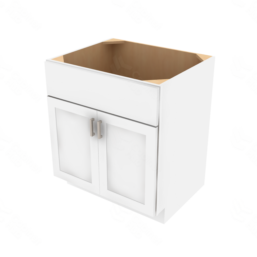 Shaker Designer White Slab Sink Base Cabinet - 30" W x 34.5" H x 24" D 30" W